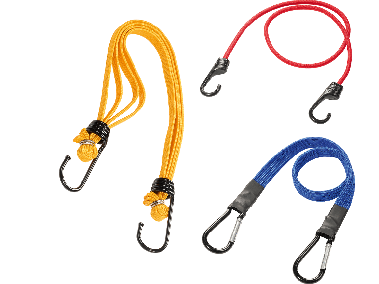 Tre gummiband i gult, rött och blått med krokar och karbinhakar.