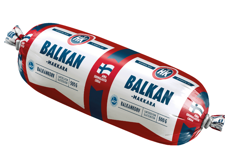 Korv i förpackning med finsk text, laktosfri och glutenfri, 500g.
