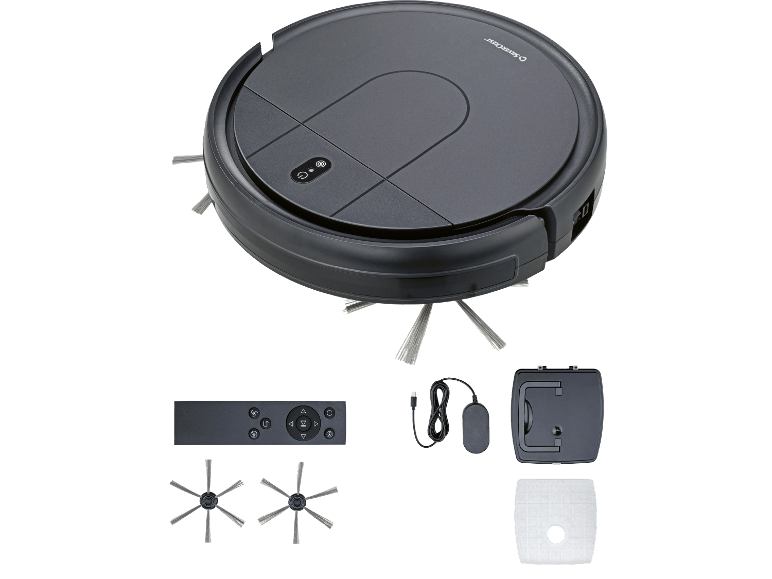 Rund svart robotdammsugare med fjärrkontroll, reservborstar och laddningsstation.