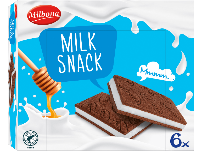 Mjölksnacksförpackning med chokladkex, gräddfyllning, honung och mjölkstänk.