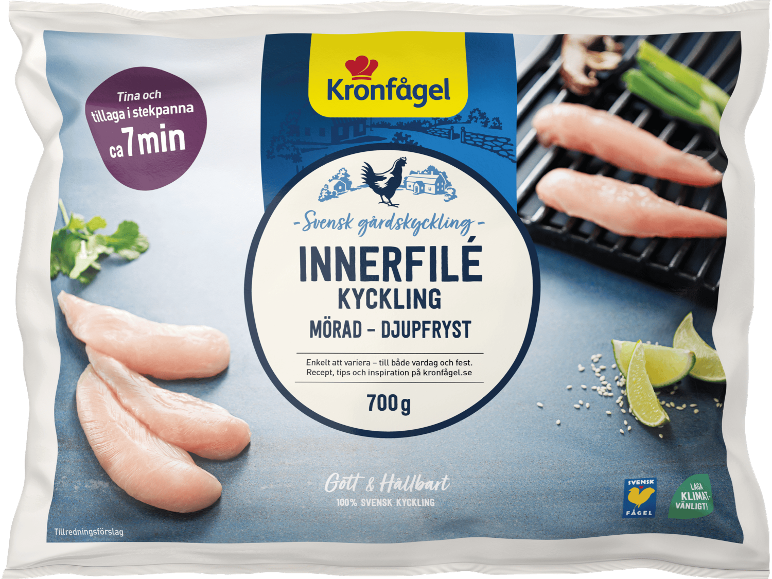 Frysta marinerade kycklinginnerfiléer med tillagningsinstruktioner och receptförslag.
