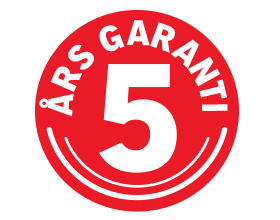 Röd sigill med vit text '5 ÅRS GARANTI'.