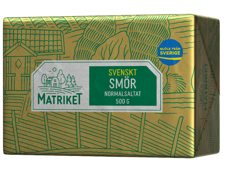Smörpaket med grön och guldfärgad förpackning, med en lantlig scen och svensk text.