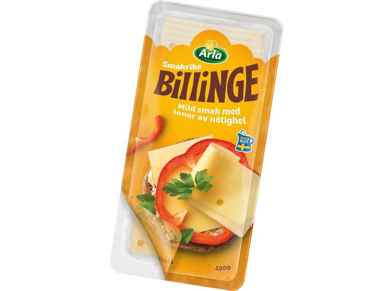 Skivad svensk ost i en 150g förpackning med bild på en smörgås.