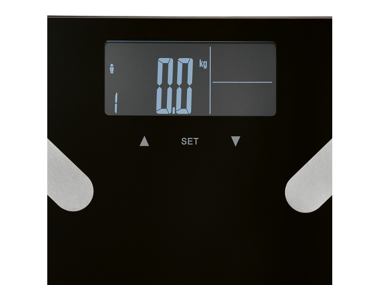 Digital badrumsvåg med 0,0 kg display och inställningsknappar.