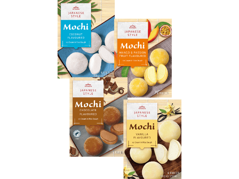 Fyra förpackningar japanska mochi-desserter: kokos, mango & passionsfrukt, choklad och vanilj.