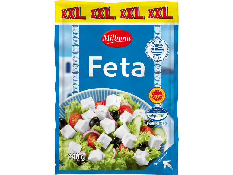 Fetaförpackning med grekisk sallad, med texten 'XXL' och 'Open here!'.