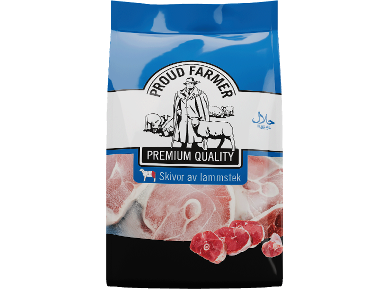Förpackning lammkött med etiketten 'PROUD FARMER PREMIUM QUALITY' och 'HALAL'.