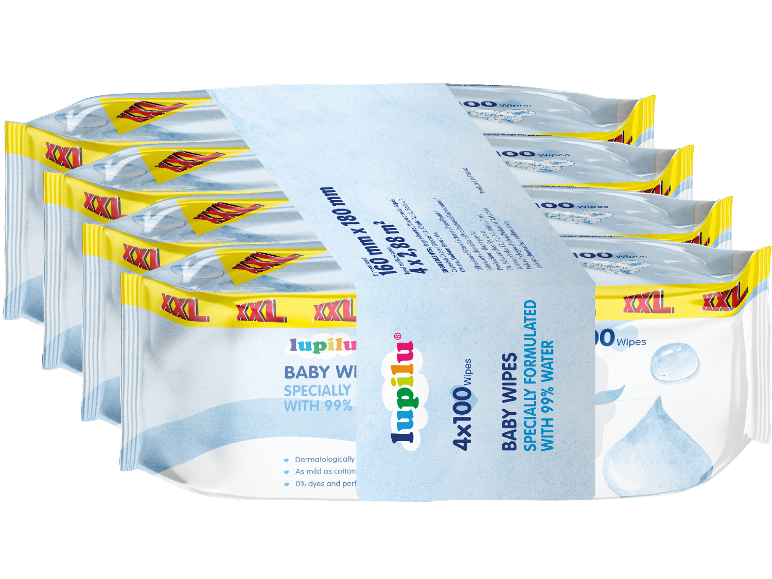 Förpackning med 400 babyvåtservetter, formulerade med 99% vatten, milda och utan färgämnen.