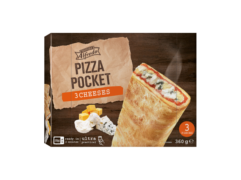 Låda med 3 ostfyllda pizzabrödsfickor med en skuren pizzabrödsficka och ostar.
