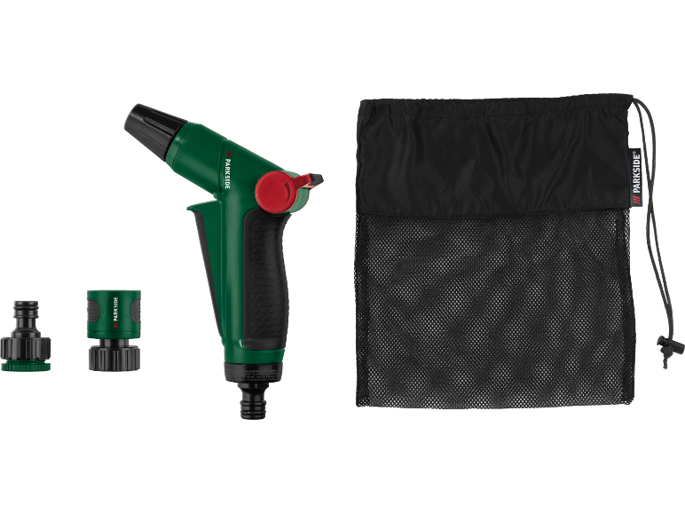 Grön vattenpistol med röd knapp, två slangkopplingar och en svart nätpåse.