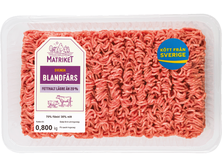 Förpackning svensk blandfärs, 70% fläsk och 30% nöt, med mindre än 20% fetthalt.