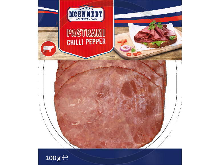 Chili-peppar pastrami med en smörgås och 100g produkt.