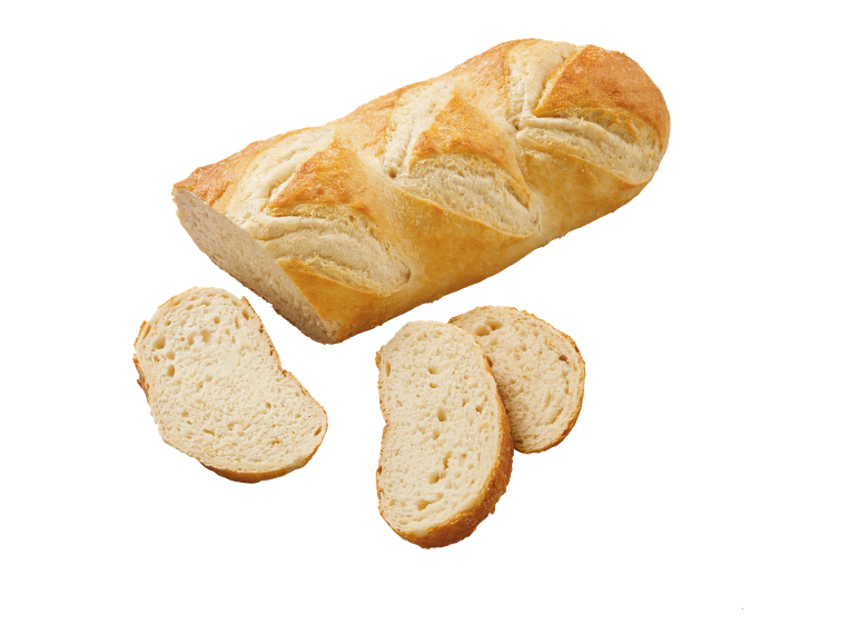 Nygräddad baguette med några skivor separerade från den.