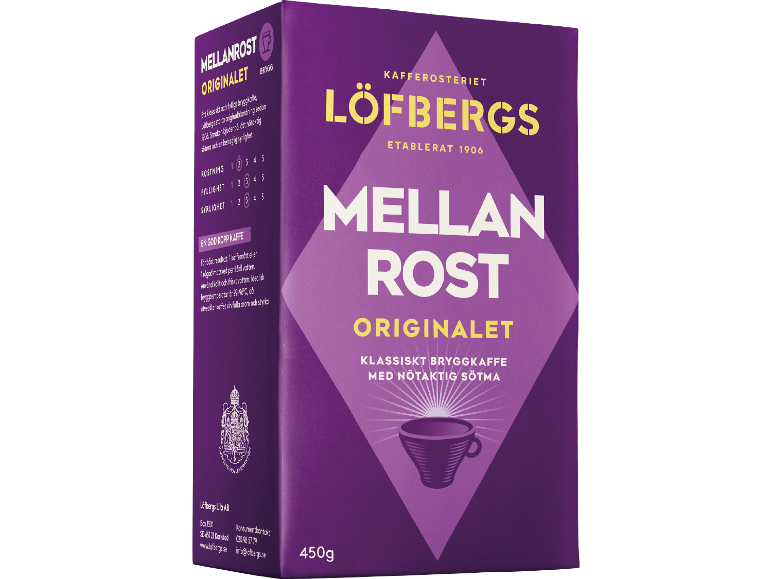 Lila kaffeförpackning med text och en bild av en kaffekopp.
