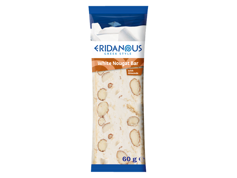 Vit nougatbar med mandlar, grekisk stil, med medelhavslandskap i bakgrunden.