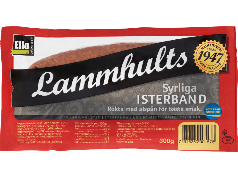 Förpackad rökt Isterband-korv, 300g, med fläsk- och nötkött, från Sverige.