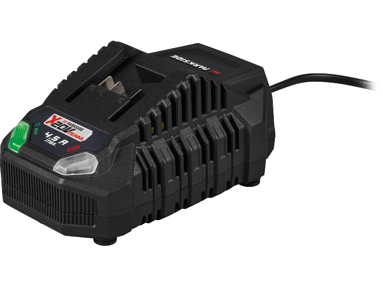 Batteriladdare med texten X 20V TEAM och 4,5 A max.