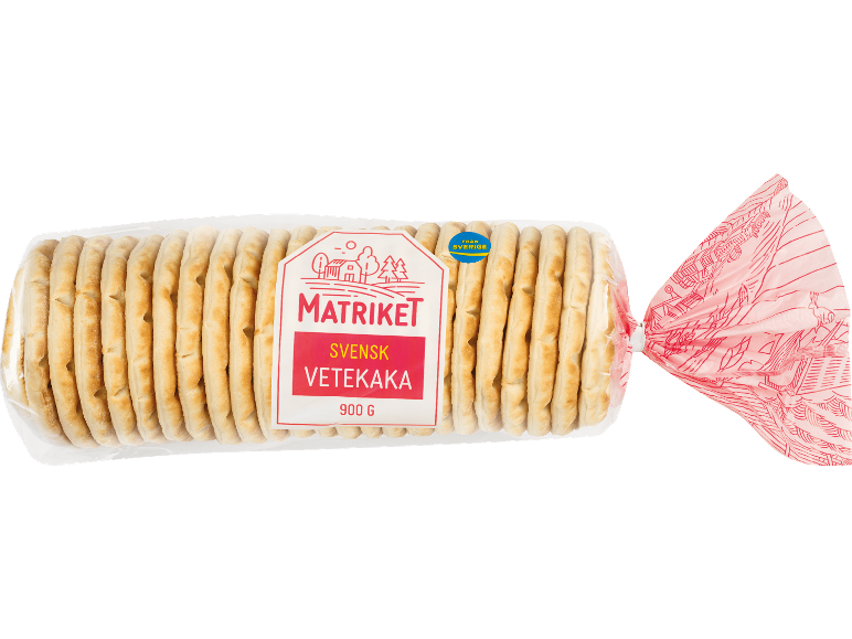 Förpackning svenskt vetekaka med texten 'Svensk Vetekaka' och '900 G' på etiketten.