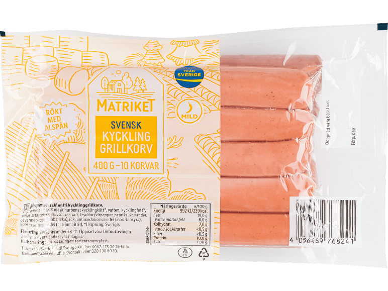 Förpackning rökta, milda, svenska kycklinggrillkorvar, 400 g (10 korvar).