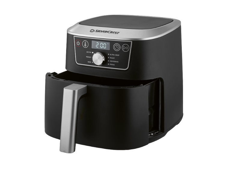Svart airfryer med digital display som visar 200 grader och matlagningsalternativ.