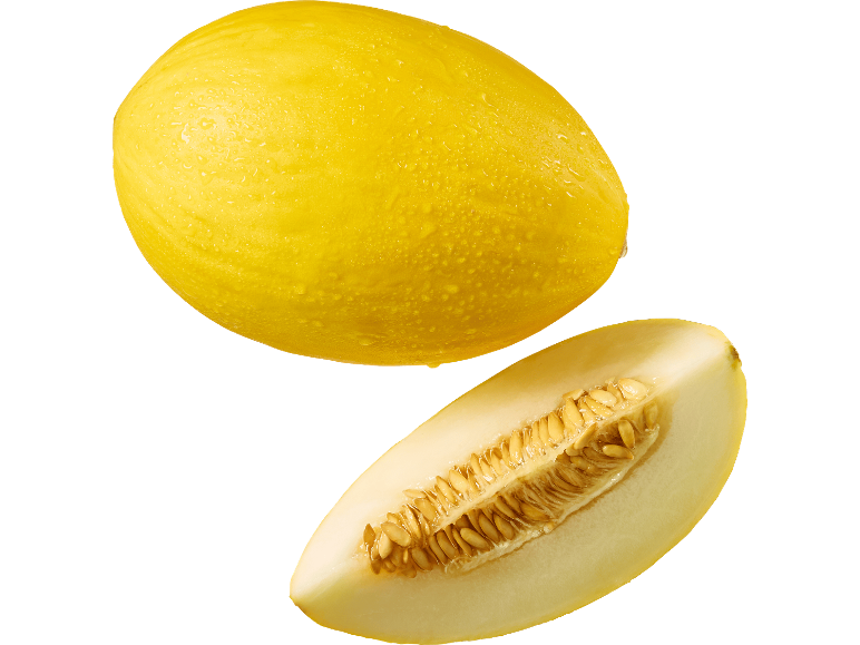 Gul melon med vattendroppar och en melonskiva med synliga frön.