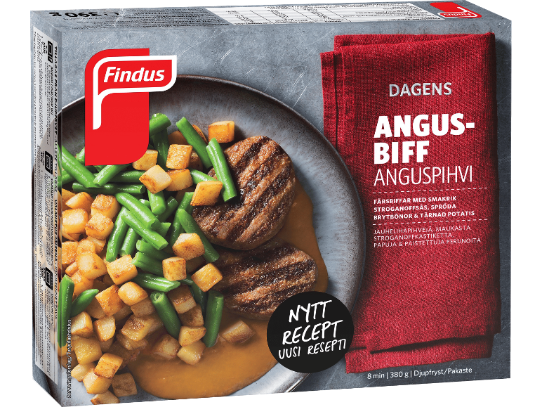 Fryst färdigrätt med Angusbiffar, potatis och gröna bönor.