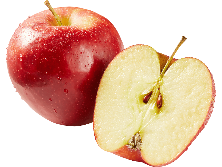Helt rött äpple och ett halvt äpple med vattendroppar.