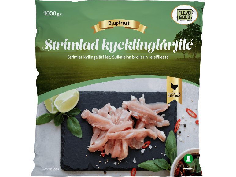 Djupfryst strimlad kycklinglårfilé, 1000g förpackning, serveringsförslag med lime och chili.