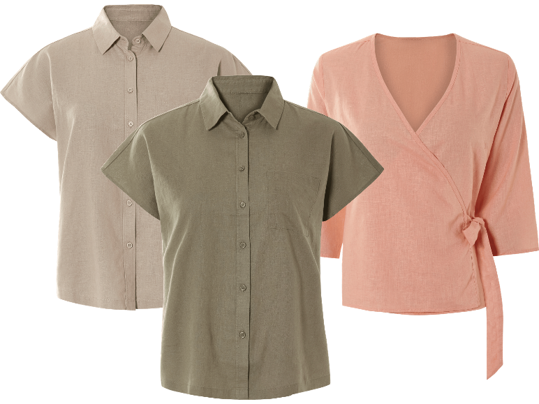 Tre linneblandningsblusar: två kortärmade skjortor i beige och oliv, och en rosa omlottblus.