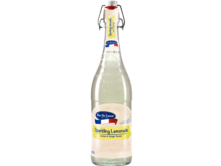 Mousserande citron- och ingefärslimonad i en glasflaska med patentkork.