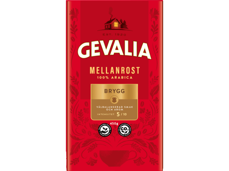 Röd förpackning med mellanrostat kaffe, 100% Arabica, 450g, med en intensitet på 5/10.