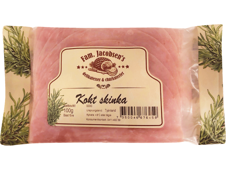 Paket kokt skinka med delikatess- och charkuterietikett, 100g, av tyskt ursprung.