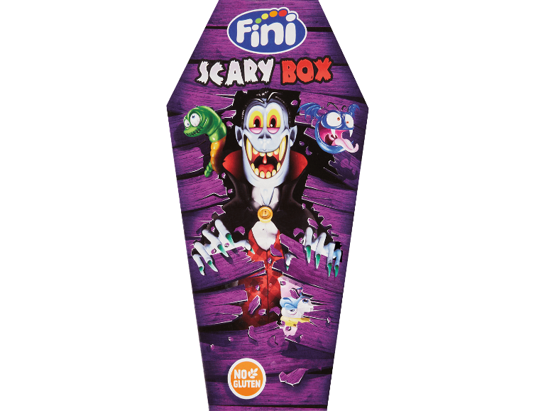 Glutenfri Fini Scary Box godisask i form av en kista till Halloween.