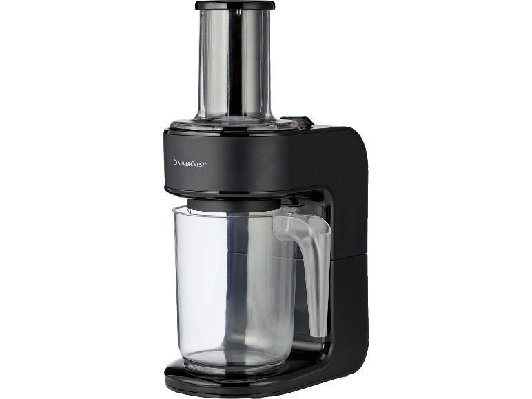 Svart elektrisk juicepress med en transparent juicebehållare.