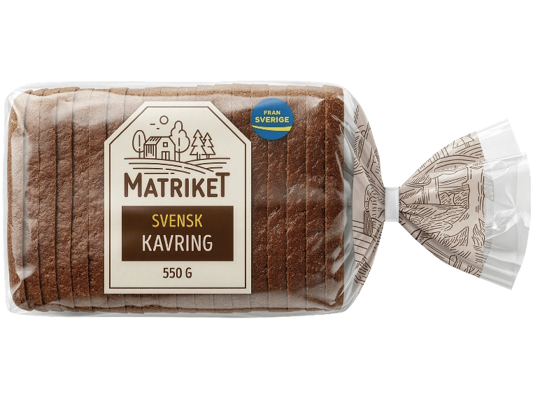 Förpackat skivat rågbröd med lantligt temaetikett och 'Från Sverige'-märkning.