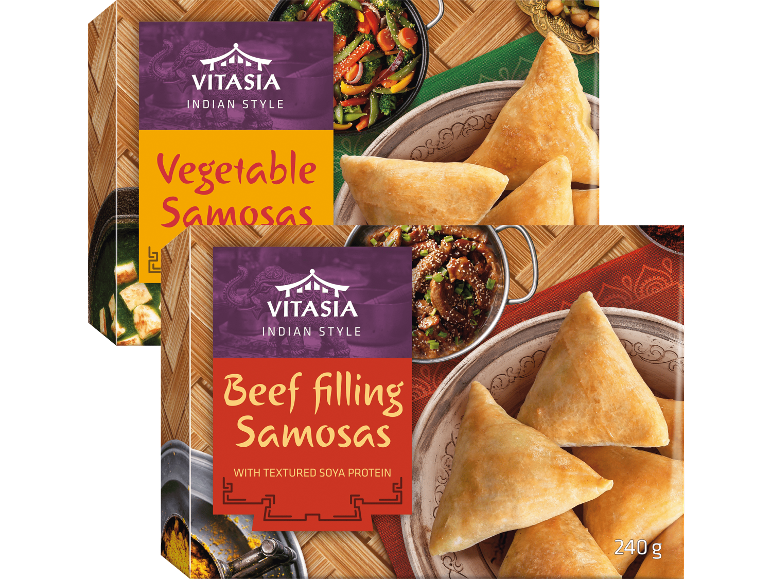 Två förpackningar indiska samosas: grönsaks- och nötköttsfyllning, 240 g.