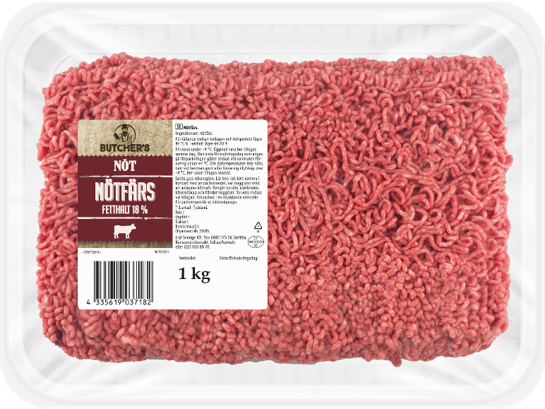 Förpackning nötfärs med 18% fetthalt, 1 kg, med produktinformationsetikett.