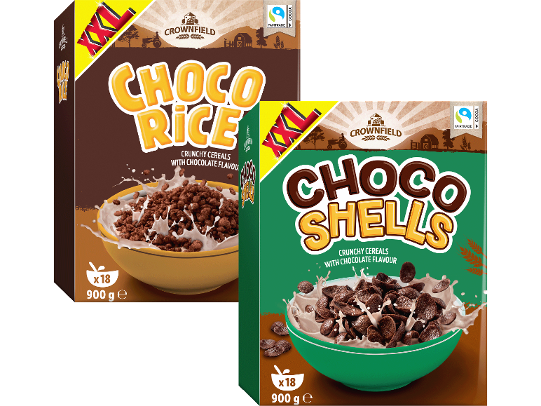 Två förpackningar chokladflingor, en 'Choco Rice' och en 'Choco Shells', båda XXL.