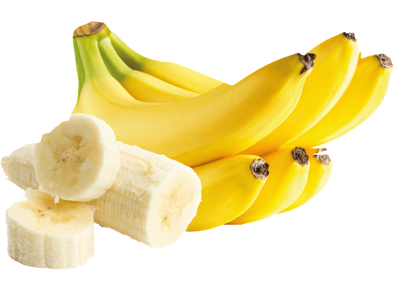 En klase gula bananer och skalade, skivade bananer.