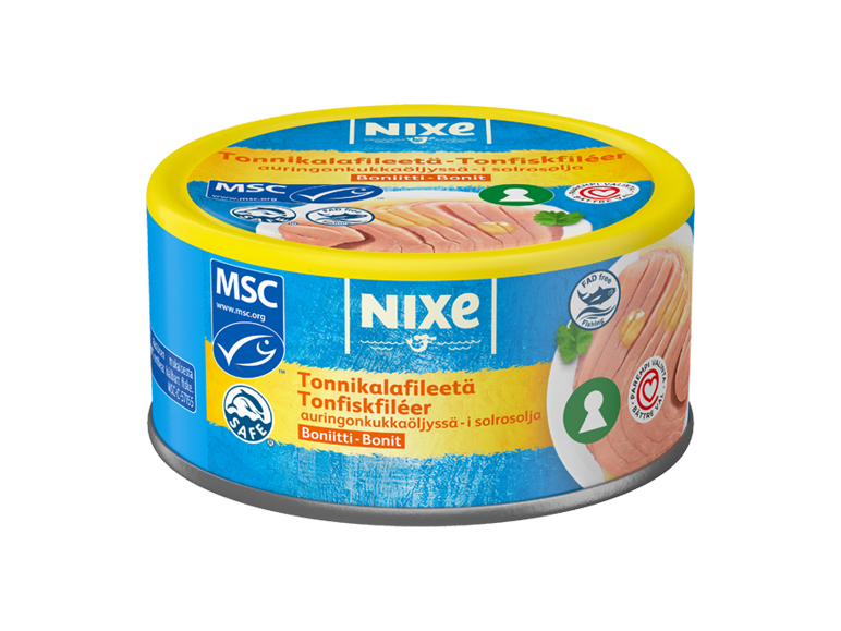 Konserverade tonfiskfiléer i solrosolja, med MSC- och Dolphin Safe-certifieringar.