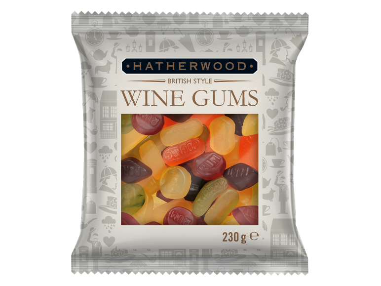 Paket med vingummin i brittisk stil med smaker av rom, konjak och körsbär, 230g.