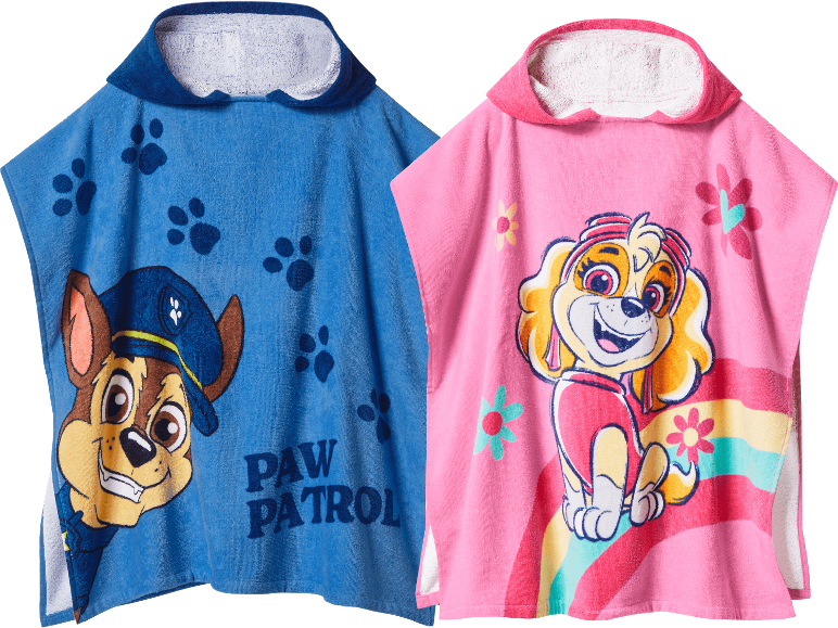 Barnbadponchos, en blå med en polishundvalp och en rosa med en flygande hundvalp.