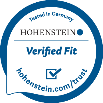 Sigill 'Testad i Tyskland, Verifierad passform' med webbadressen hohenstein.com/trust.
