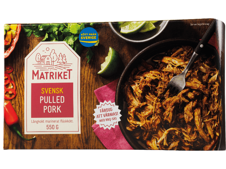 Matriket Svensk Pulled Pork, 550g, färdig att värmas med BBQ-sås, kött från Sverige.