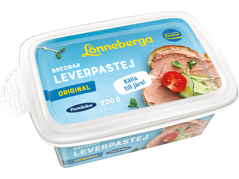 Original bredbar leverpastej i vit och blå förpackning, med serveringsförslag.