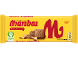 Gul chokladkaka med hasselnötter, med stor röd logotyp och hållbarhetscertifiering.