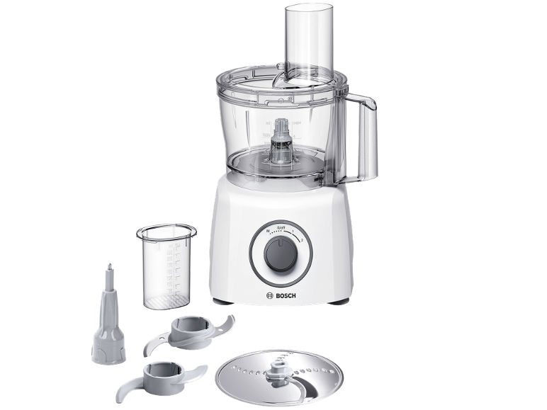 Vit matberedare med genomskinlig skål och olika tillbehör för hackning och skivning.