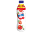 Jordgubbsmjölkdryck med texten 'DRINK' och 'Strawberry Flavour' på en vit flaska.