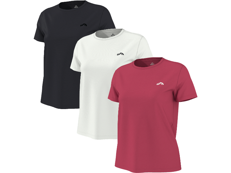 Tre kortärmade T-shirts i svart, vitt och rött, med en liten logotyp.